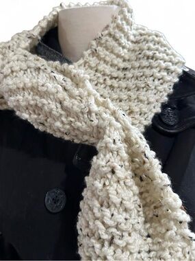 Hand-Knit Cream Tweed Scarf
